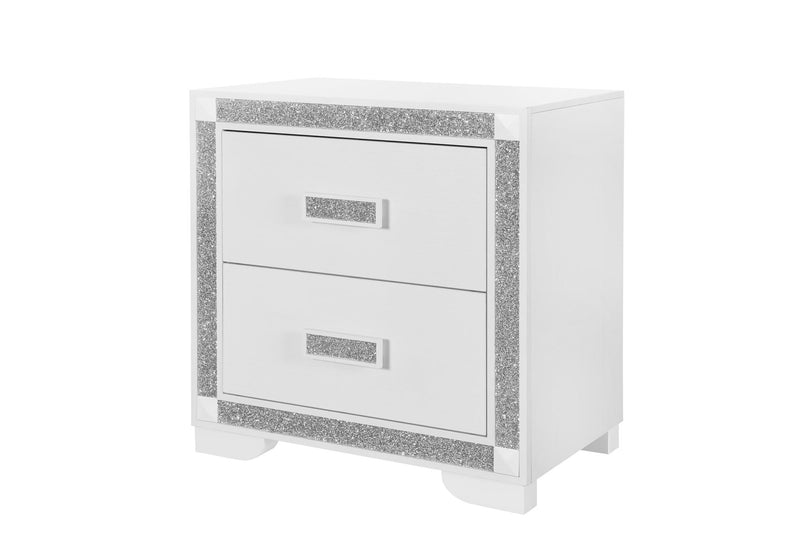 Wood Faux Crystal Bling Two Drawer Nightstand - White