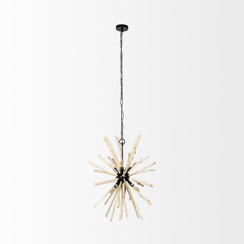Wood And Metal Starburst Six Bulb Hanging Light - Brown / Black