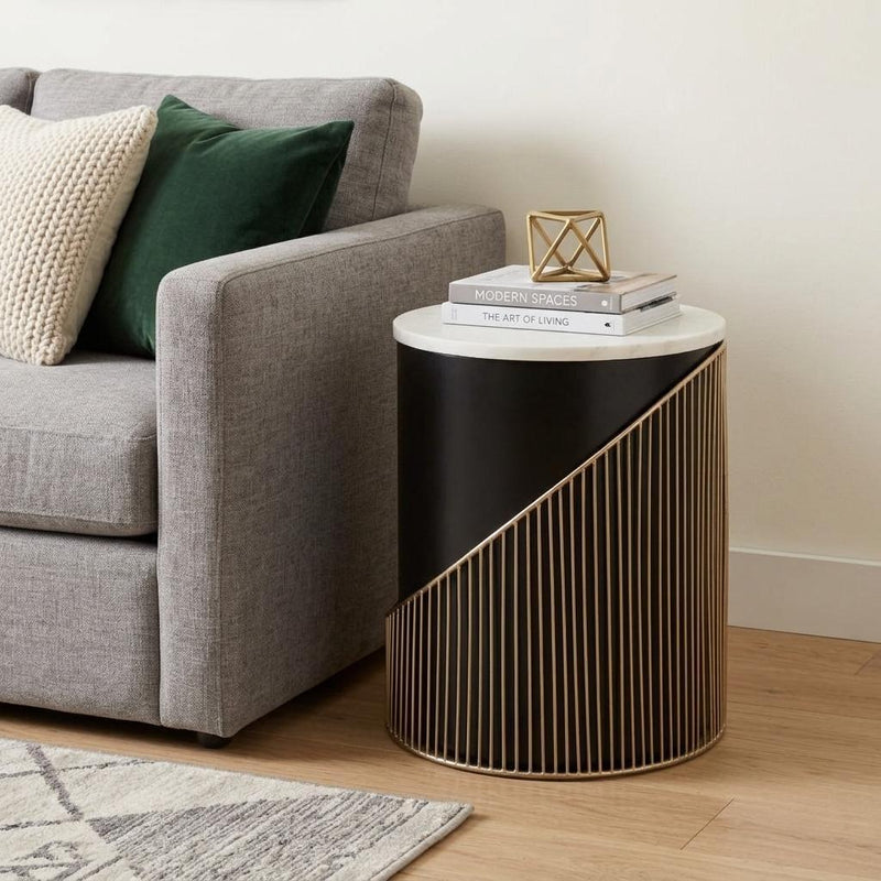 Marble Iron And Wood Round Drum End Table - White Black And Gold