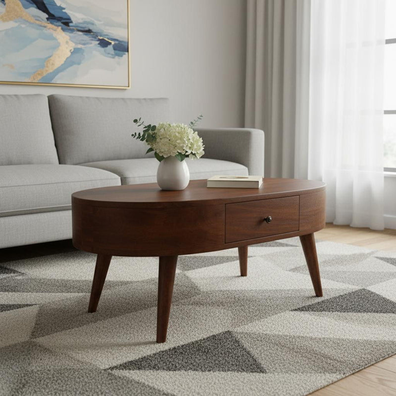 34" Solid Wood Oval Coffee Table With Two Drawers - Chestnut