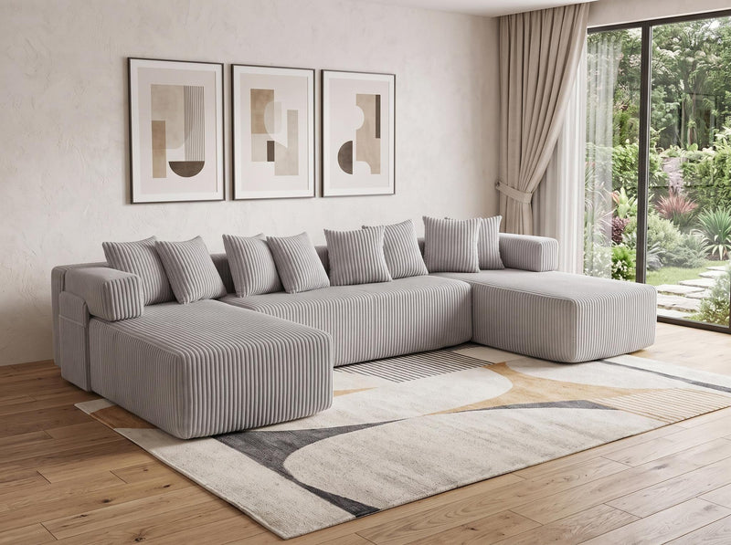 Corduroy Modular U Shaped Three Piece Corner Sectional With Console And Toss Pillows - Light Gray