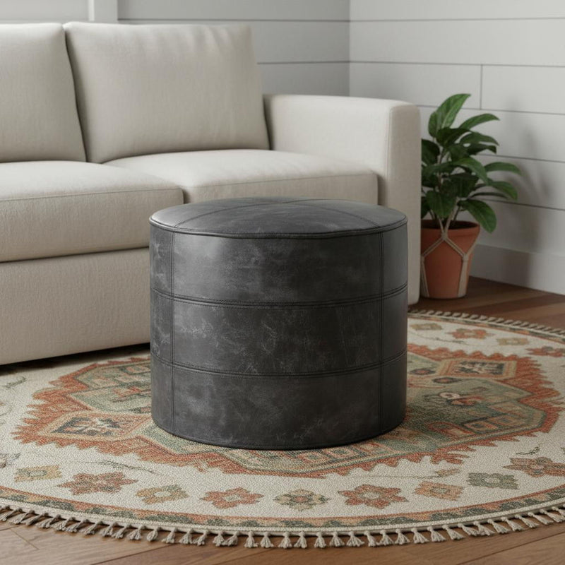 18" Leather Round Pouf Ottoman - Black