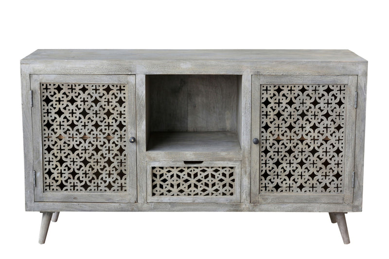 Solid Wood Distressed Console Table With Shelves And Drawers - Gray