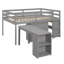 Load image into Gallery viewer, Low Study Full Loft Bed with Cabinet ,Shelves and Rolling Portable Desk ,Multiple Functions Bed- Gray
