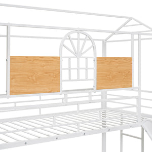 Twin Over Twin Metal Bunk Bed, Metal Housebed with Slide and Storage Stair, White with White Slide