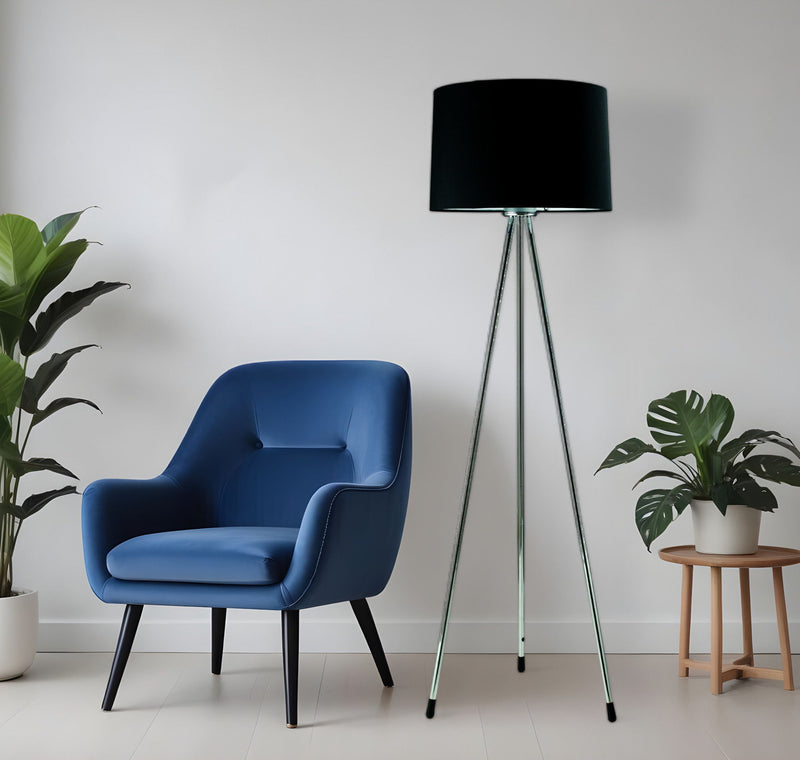 Tripod Floor Lamp With Black Fabric Drum Shade - Silver