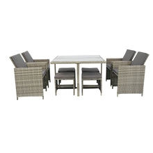 Load image into Gallery viewer, 9 Pieces Patio Dining Sets Outdoor Space Saving Rattan Chairs with Glass Table Patio Furniture Sets Cushioned Seating and Back Sectional Conversation Set Grey Wicker + Grey Cushion
