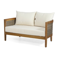 Load image into Gallery viewer, 2 - Person Outdoor Seating Group with Cushions and Coffee Table, Teak + Mixed Brown + Beige
