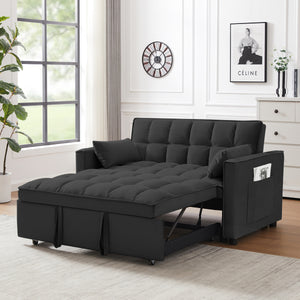 Modern Velvet Loveseat Futon Sofa Couch w/Pullout Bed,Small Love Seat Lounge Sofa w/Reclining Backrest,Toss Pillows, Pockets,Furniture for Living Room,3 in 1 Convertible Sleeper Sofa Bed, Black