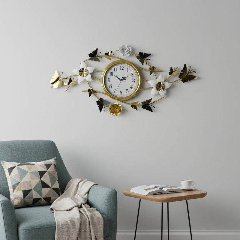 Silent Analog Butterfly Novelty Wall Clock - Gold / White