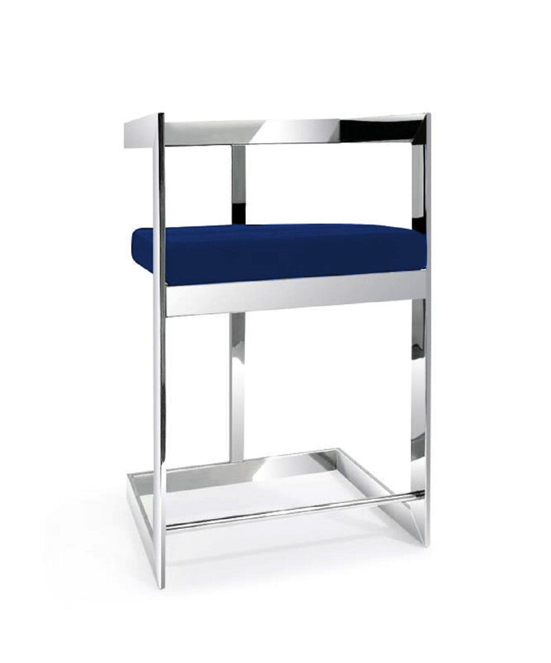 26" Metal And Velvet Low Back Counter Height Bar Chair - Blue / Silver