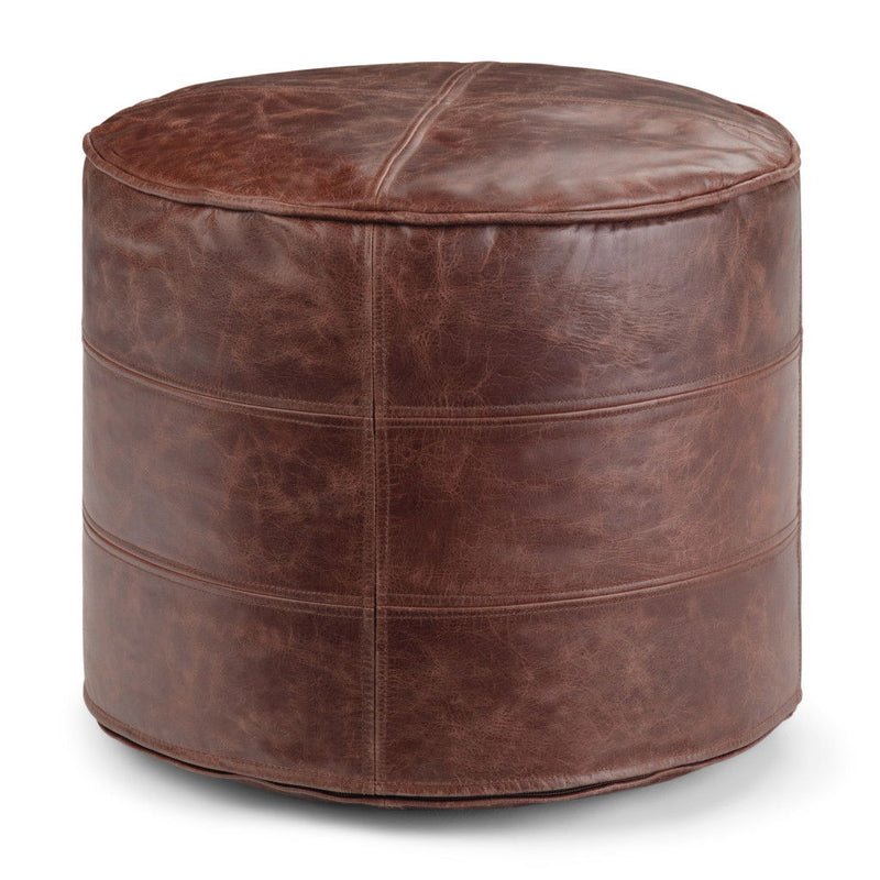 18" Leather Round Pouf Ottoman - Brown