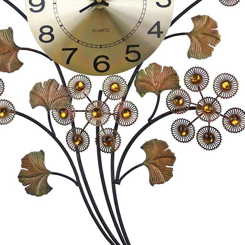 Silent Analog Gingko Floral Wall Clock - Copper / Black