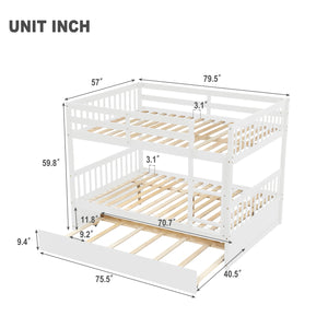 Full Over Full Bunk Bed with Trundle, Convertible to 2 Full Size Platform Bed, Full Size Bunk Bed with Ladder and Safety Rails for Kids, Teens, Adults,White(Old Sku:W504S00002)