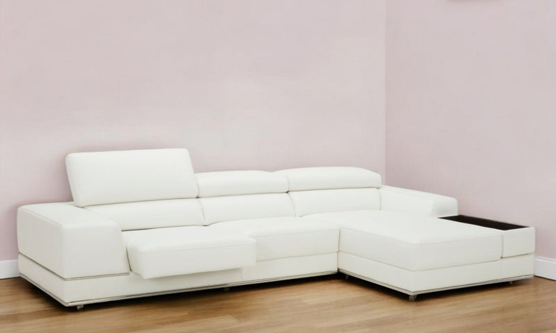 Genuine Leather L Shaped Two Piece Sofa And Chaise Sectional With Console - White