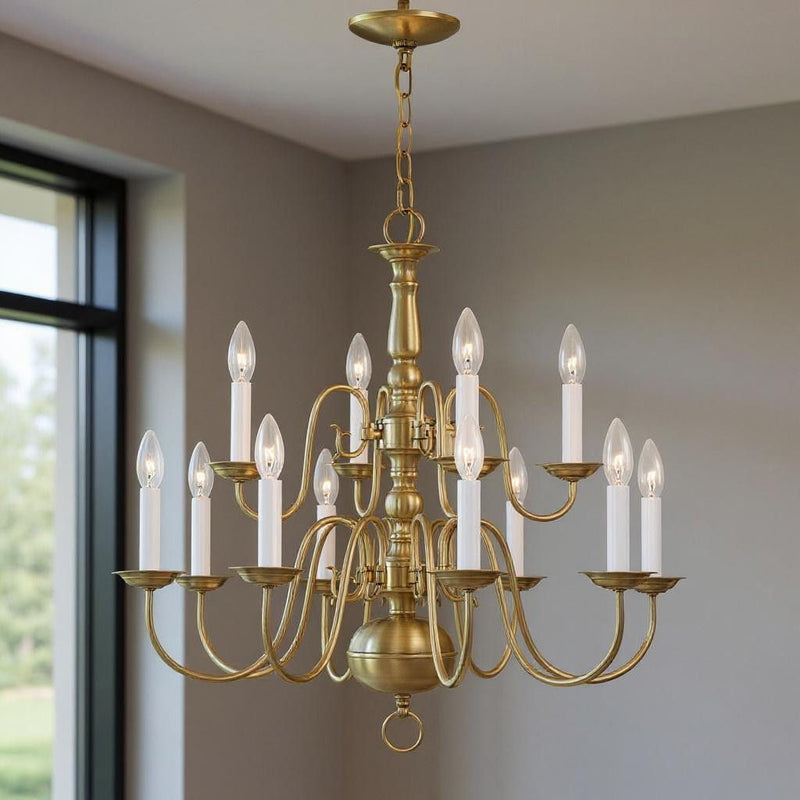 23" Twelve Light Dimmable Chandelier With Shades - Antiqued Brass