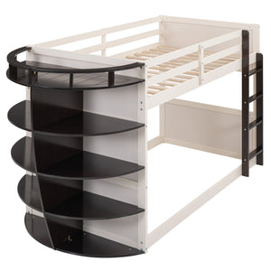 Twin over Twin Boat-Like Shape Bunk Bed with Storage Shelves, Cream+Espresso