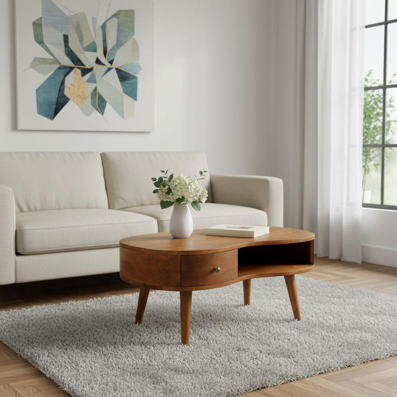 32" Solid Wood Free Form Coffee Table With Drawer Shelf - Chestnut