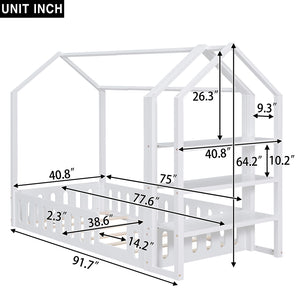 Twin Size Wood House Bed with Fence and Detachable Storage Shelves, White