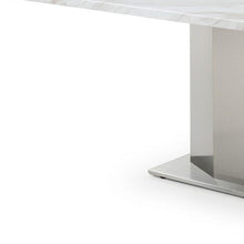 Load image into Gallery viewer, 79" Marble And Stainless Steel Pedestal Base Dining Table - Gray / White
