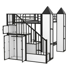 Load image into Gallery viewer, Metal Twin over Twin Castle-shaped Bunk Bed with Wardrobe and Multiple Storage, Black+White
