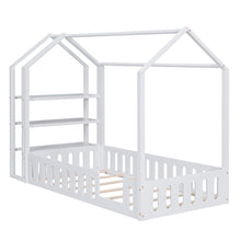 Load image into Gallery viewer, Twin Size Wood House Bed with Fence and Detachable Storage Shelves, White
