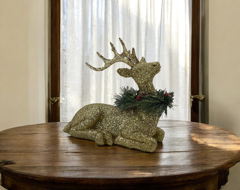 Poly Reindeer Christmas Figurine - Gold / Green / Red