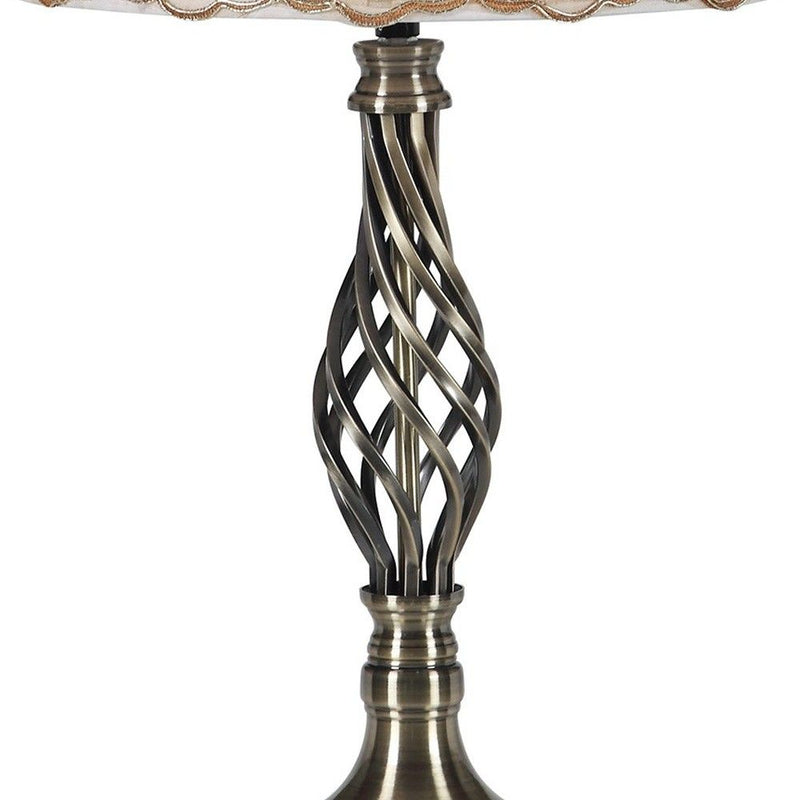 Metal Table Lamp With White And Brown Classic Empire Shade - Antiqued Brass