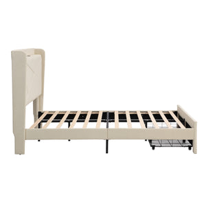 Queen Size Bed Frame with 2 Storage Drawers, Upholstered Bed Frame with Wingback Headboard Storage Shelf Built-in  USB Charging Stations and Strong Wood Slats Support, No Box Spring Needed, Beige