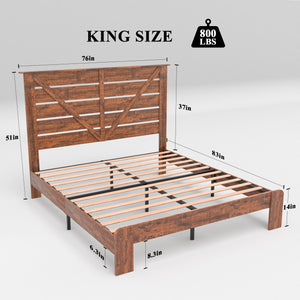 King Bed Frame Headboard , Wood Platform Bed Frame , Noise Free,No Box Spring Needed and Easy Assembly Tool,Large Under Bed Storage, Vintage Brown