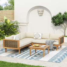 Load image into Gallery viewer, Premium Outdoor Sofa Set With Waterproof Cushions Sectional Seating Group With Acacia Wood And Wicker - Brown Mix / Beige
