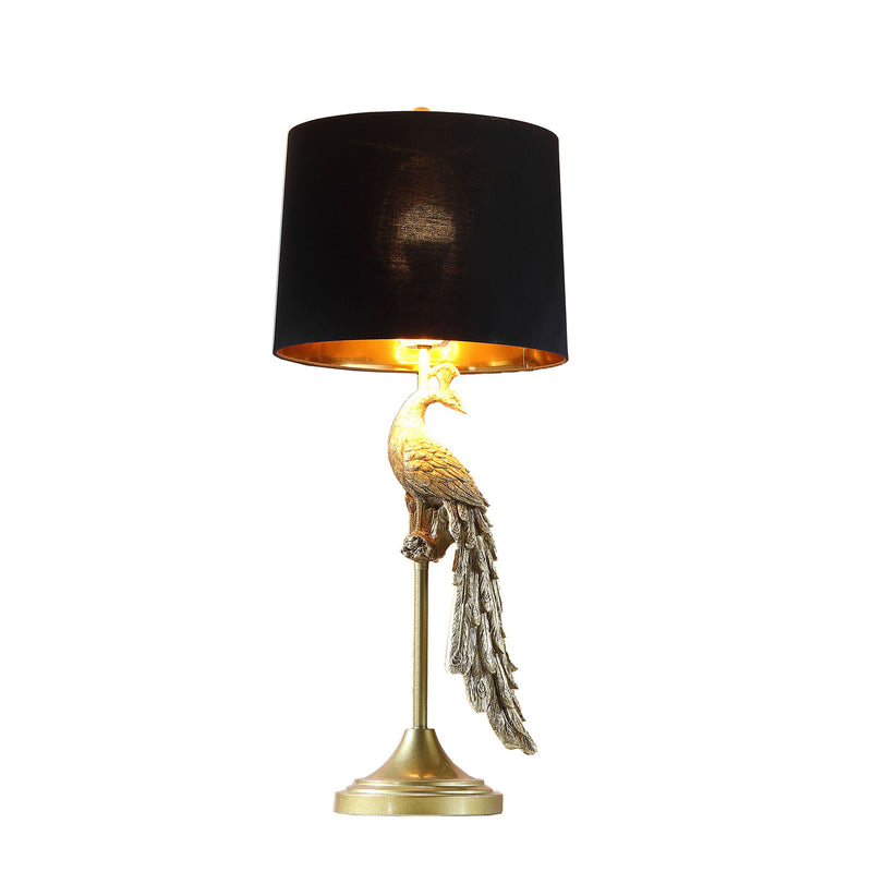 Peacock Table Lamp With Black Drum Shade - Gold