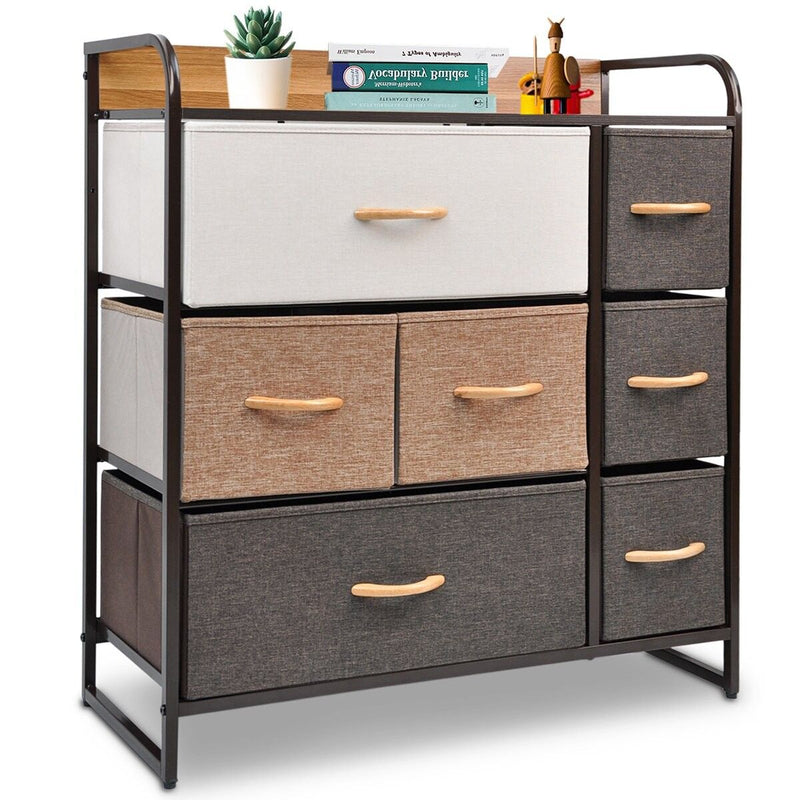 Fabric And Steel Accent Chest With Two Shelves And Seven Drawers - Brown