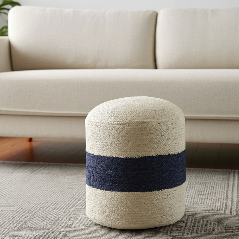 18" Jute Blend Cylinder Striped Pouf Ottoman - White And Navy Blue