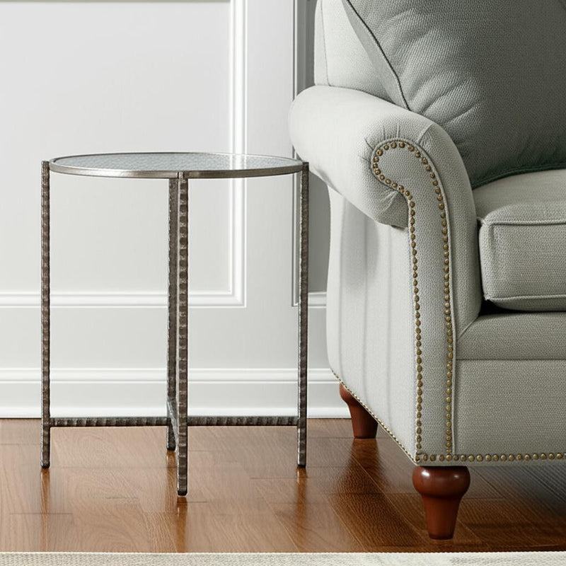 22" Clear And Glass And Distressed Steel Round End Table - Silver