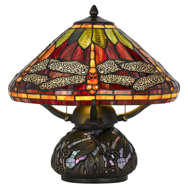 Dragonfly Two Light Round Animals Tiffany Lamp With Empire Shade - Orange And Bronze