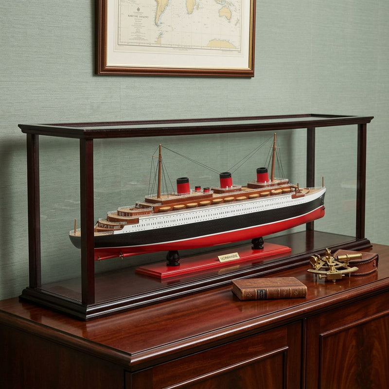 Hand Painted Normandie Large Display Case Model Boat - Black / Red