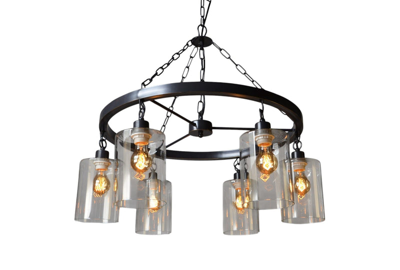 Shaded Six Light Metal Transparent Glass Chandelier With Shades - Black