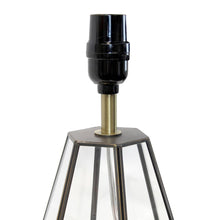 Load image into Gallery viewer, 18" Clear And Brass Glass And Metal Geometric Table Lamp With Drum Shade
