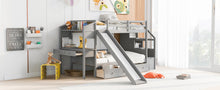 Load image into Gallery viewer, Twin over Twin Bunk Bed with Storage Staircase, Slide and Drawers, Desk with Drawers and Shelves, Gray
