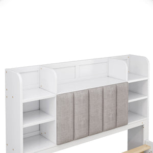 Multi-functional Full Size Bed Frame with 4 Under-bed Portable Storage Drawers and Multi-tier Bedside Storage Shelves, White