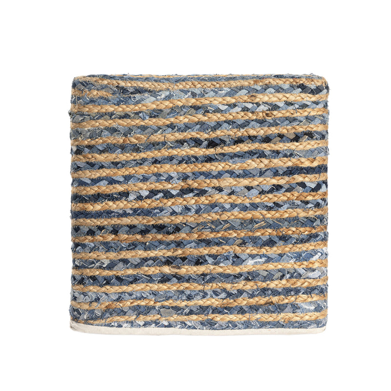 Cotton Jute Striped Pouf Ottoman - Beige / Blue