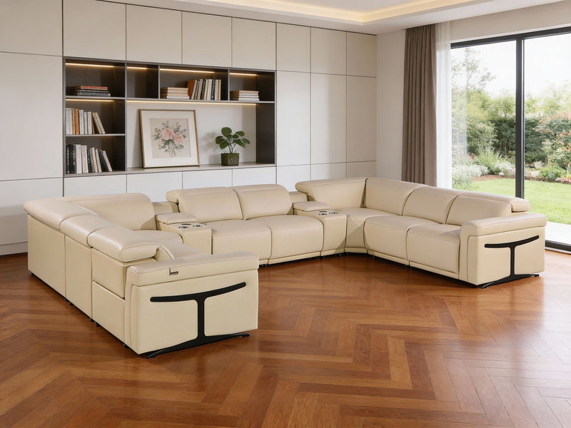 Italian Leather Power Reclining U Shaped Ten Piece Corner Sectional With Console - Beige