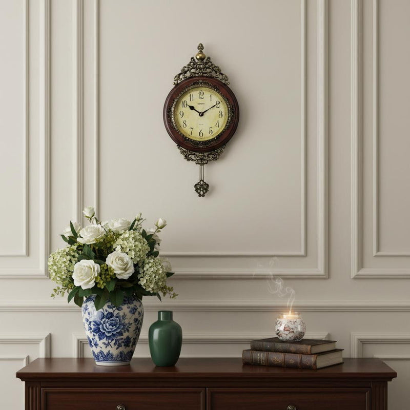 Silent Pendulum Ornate Oval Wall Clock - Brown / Gold