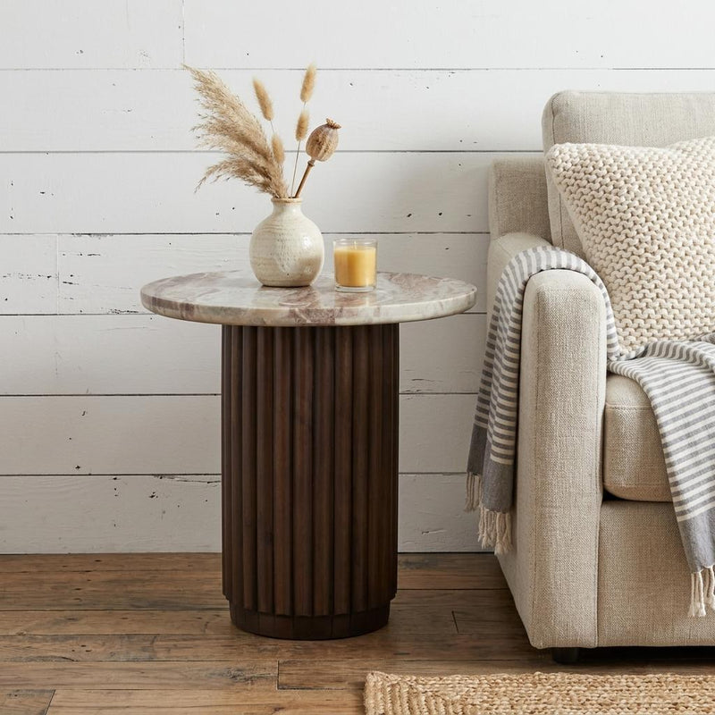 Marble Round Pedestal End Table - Brown / Pink