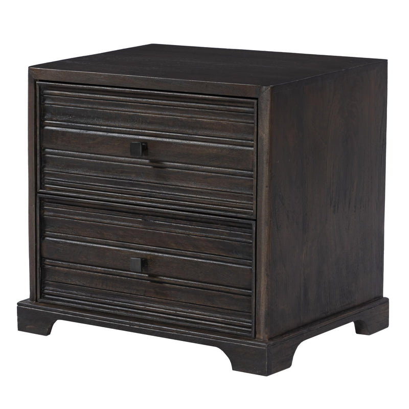 Solid Wood Distressed Carved Geometric Two Drawer Nightstand - Umber