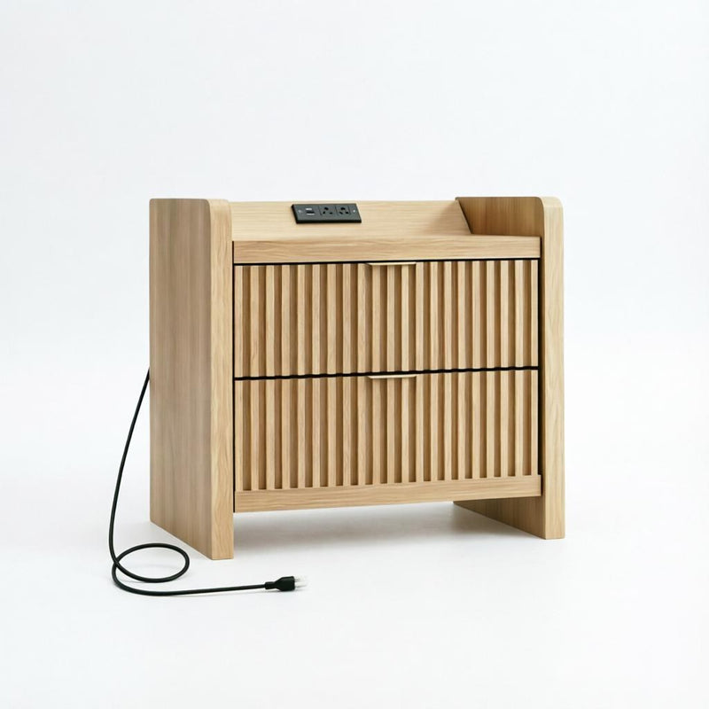 Wood Ribbed Texture Two Drawer Nightstand With USB Port And Integrated Tech - Natural