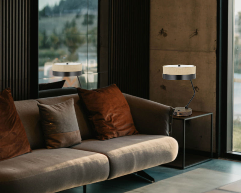Metal Two Light Desk USB Table Lamp With Beige Drum Shade - Black / Brown