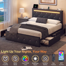 Load image into Gallery viewer, Upholstered Bed Frame With LED Lights, 4 Storage Drawers, Charging Station
