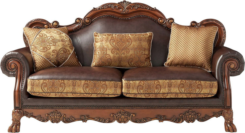Chenille Faux Leather And Wood Damask Sofa With Toss Pillows - Brown